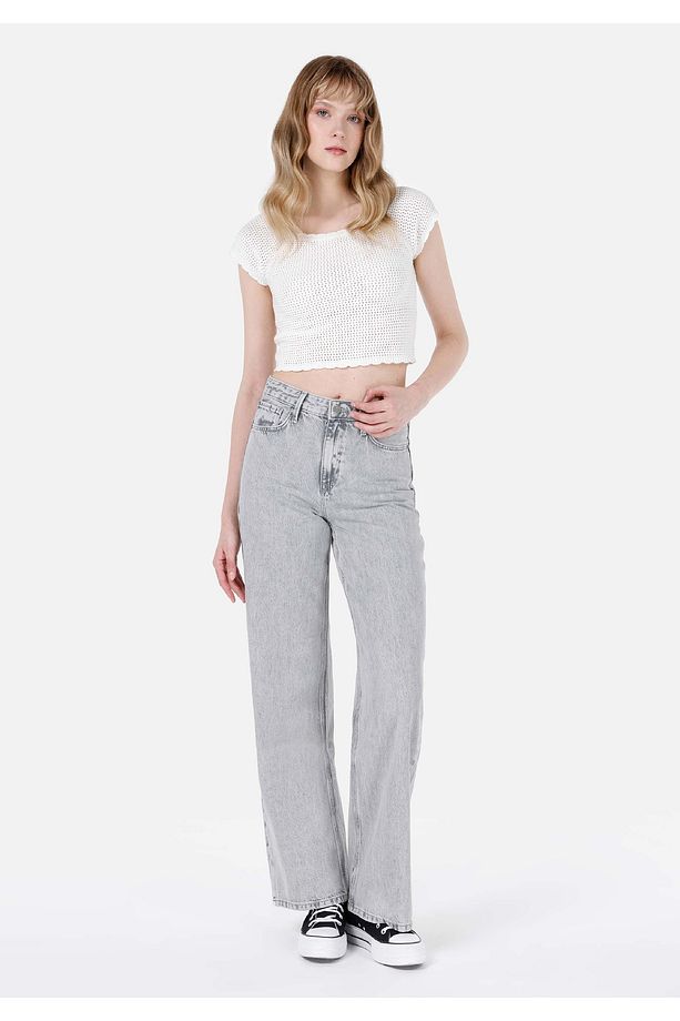 Regular Fit Yüksel Bel Geniş Paça Kadın Gri Jean Pantolon - 1