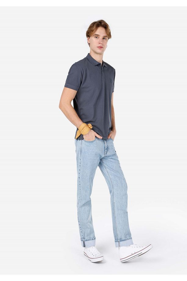 Regular Fit Polo Yaka Düz Erkek Mavi Kısa Kol Tişört - 3