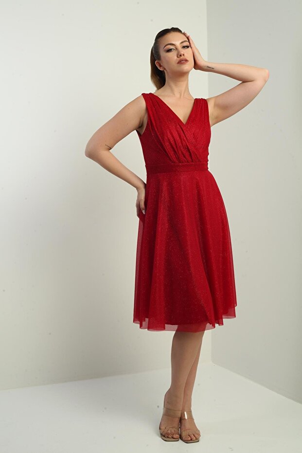 Kadın Kruvaze Yaka Astarlı Kloş Simli Kısa Elbise - 1