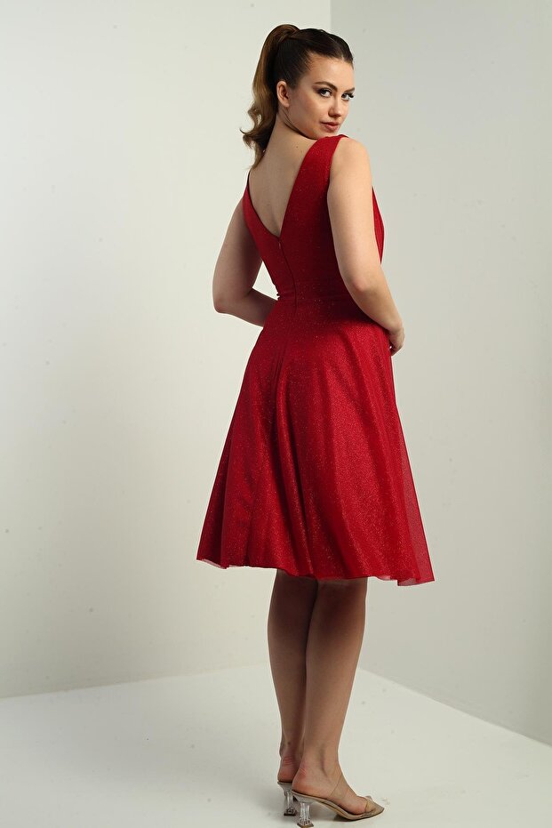 Kadın Kruvaze Yaka Astarlı Kloş Simli Kısa Elbise - 4