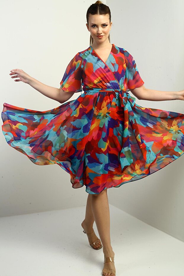 Women's Double Breasted Collar Lined Waist Belted Chiffon Rainbow Dress