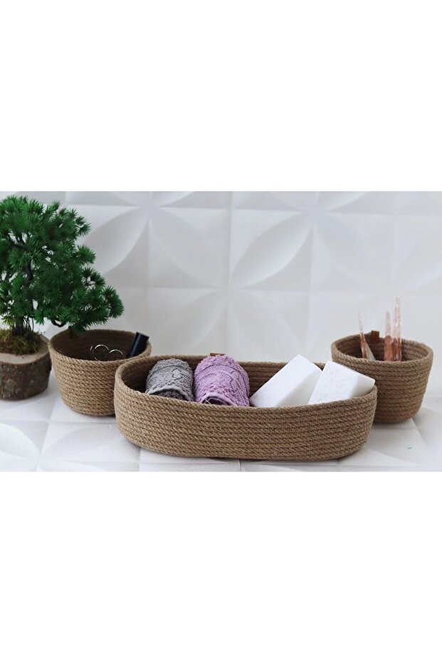3 Piece Wicker Basket Set Jute Rope
