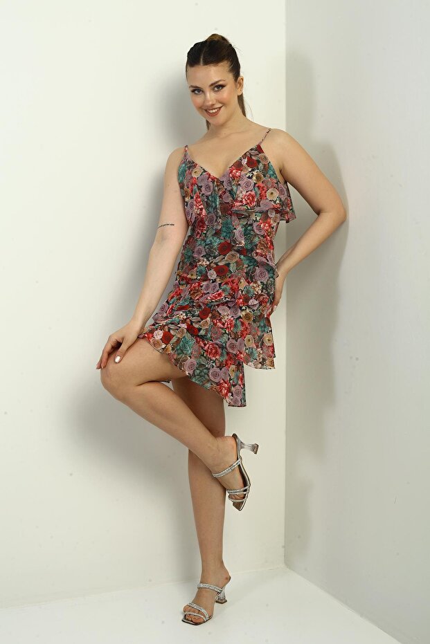 Women's Thin Strap Chest Flounces Skirt Layered Lined Floral Print Short Chiffon Dress