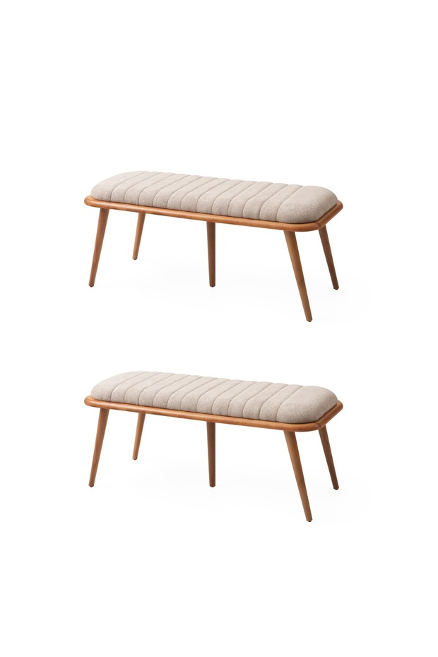 2 Adet Deco Bench Bukle Kumaş Naturel Ahşap İskelet - 1