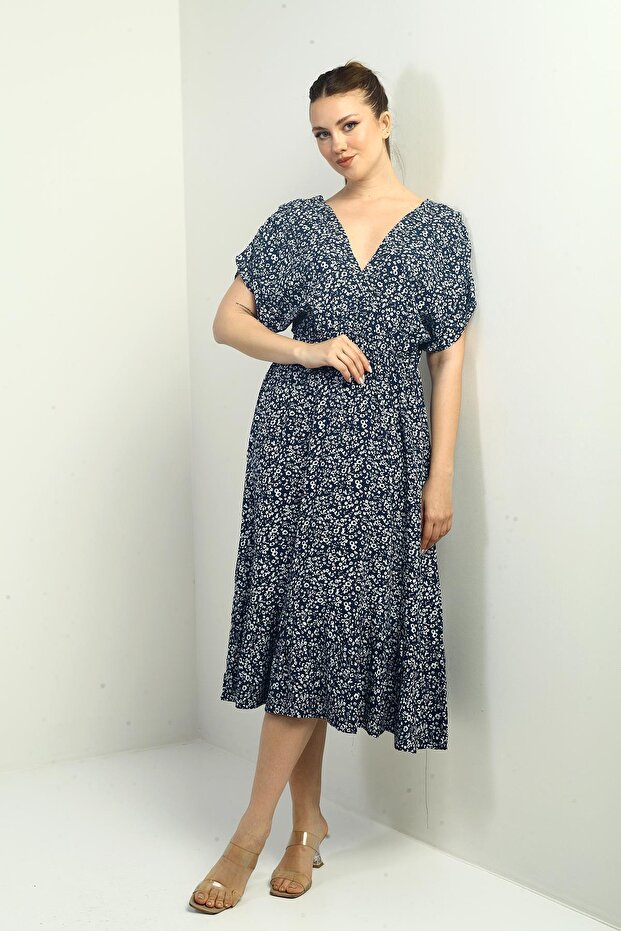 Women's Front Back V Neck Bat Sleeve Mini Floral Pocket Ruffle Dress