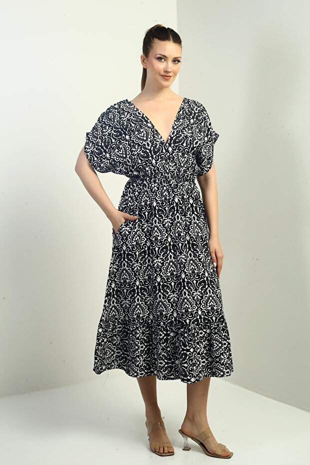 Women's Front Back V Neck Bat Sleeve Pocket Ethnic Pattern Ruffle Dress