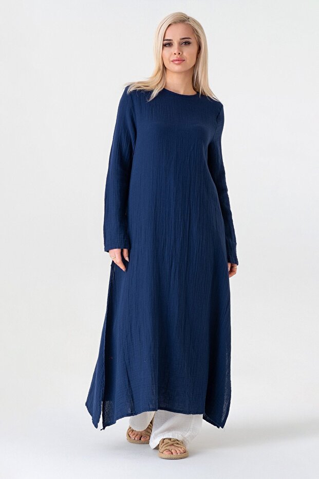 Muslin Fabric 100% Cotton Hijab Tunic with Side Slits - Navy Blue