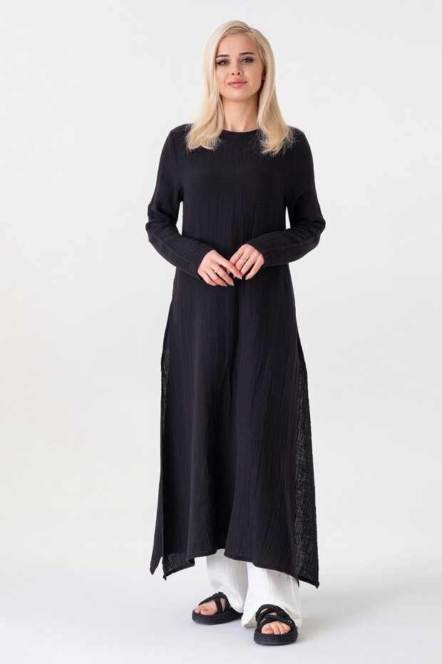 Muslin Fabric 100% Cotton Hijab Tunic with Side Slits - Black