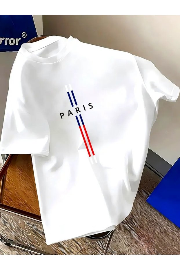 Men's Casual Round Neck T-Shirt, Geometric Paris Print,
