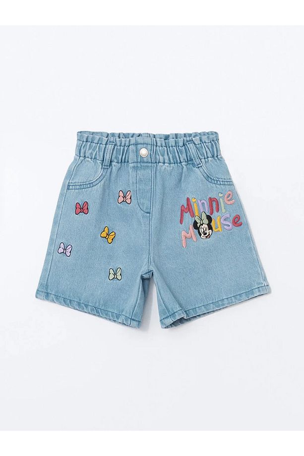 LCW Kids Mavi Beli Lastikli Minnie Mouse Nakışlı Kız Çocuk Jean Şort - 1