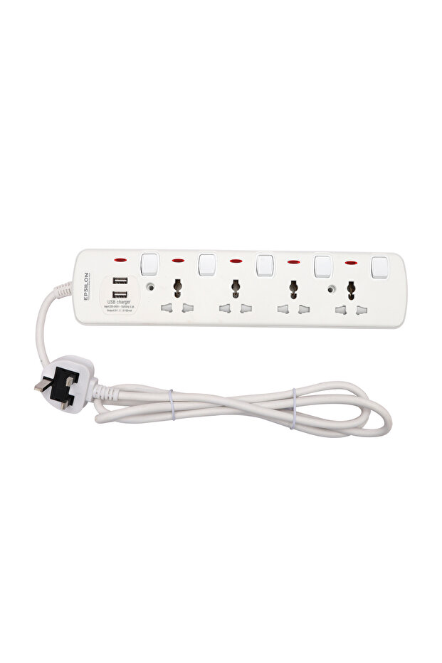 Epsilon 4 Way Extension Socket with Individual Switches- ES1108| 2 Way USB Ports,2 M Cord