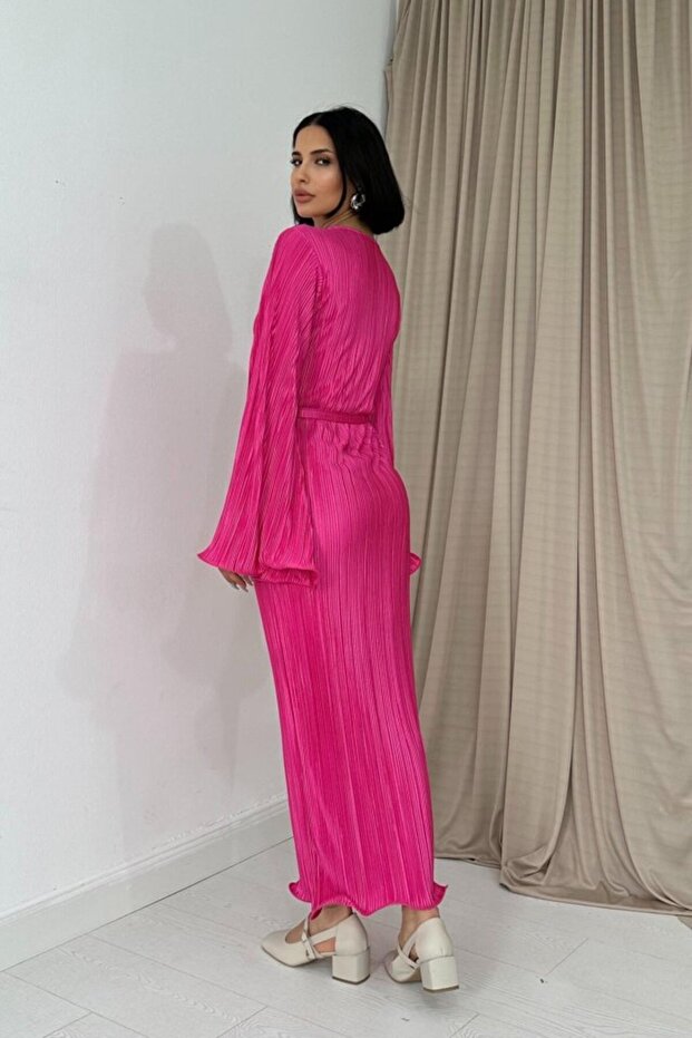 Fuşya Ispanyol Kol Piliseli Elbise - 4