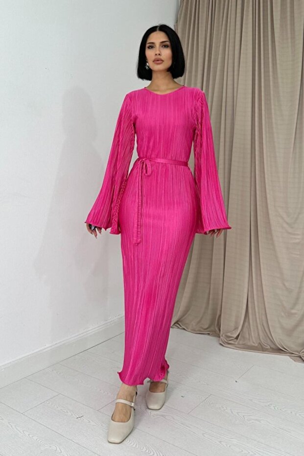 Fuşya Ispanyol Kol Piliseli Elbise - 1