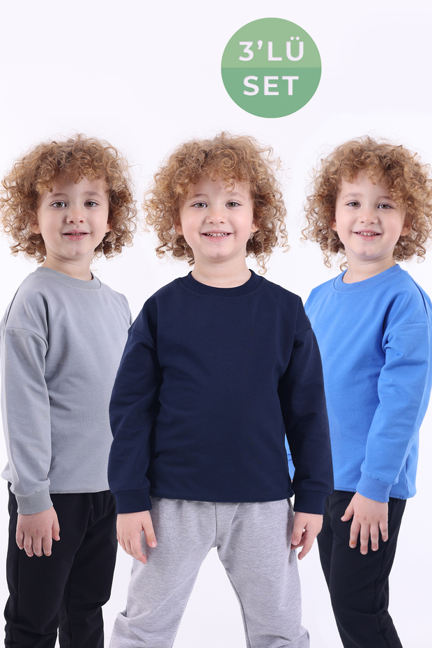 Lovexi 3 Lü Set Mevsimlik Oversize Basic Sweatshirt (LACİ MAVİ GRİ)