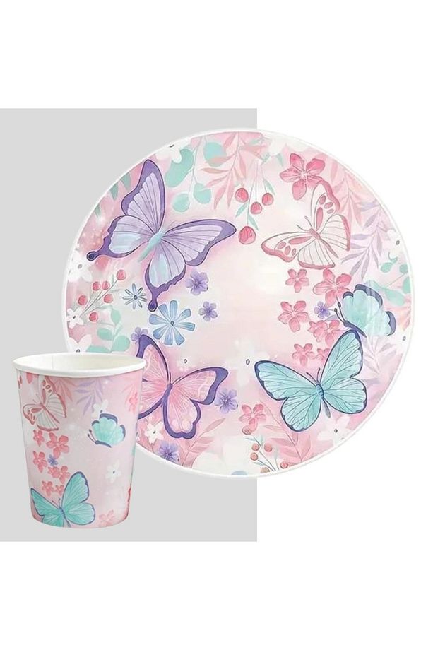 8 Kişilik Makaron Lila Pembe Kelebek Kullan At Tabak-bardak- 2'li Parti Seti - 1
