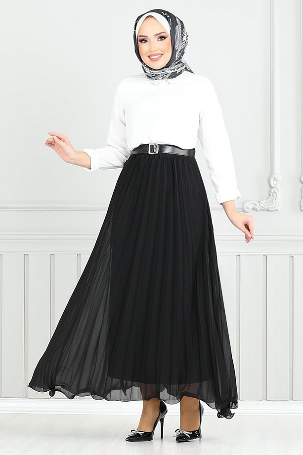 Piliseli Şifon Etek 16202BSK984-M Siyah - 2