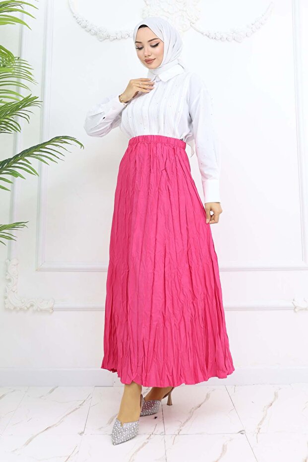 Elastic Waist Crinkle Skirt Fuchsia 3435