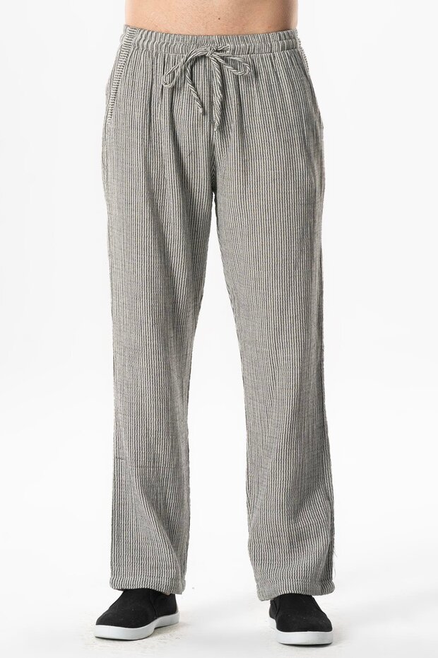 Elastic Waist Double Pocket Striped Muslin Summer Trousers Striped Black Çzglsyh