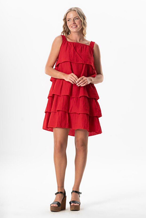 Strappy Square Neck Elfida Layered Muslin Summer Short Dress Red Krmz