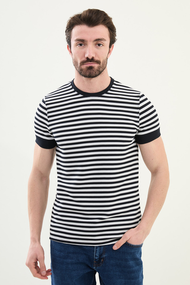Striped Slim Fit Crew Neck Men's T-Shirt Navy Blue - 36848.25Y