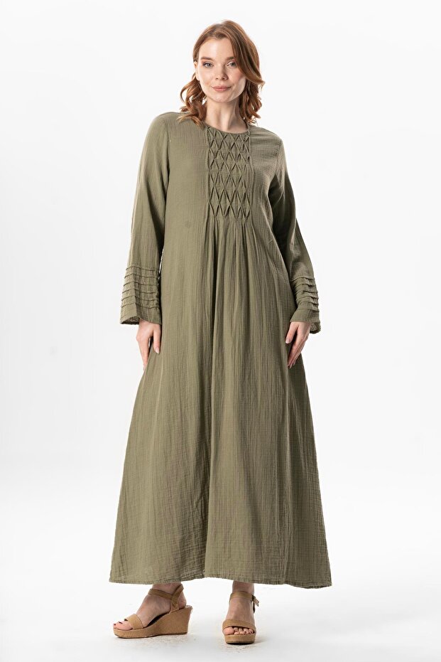 Long Sleeve Şahika Rib Detailed Long Muslin Summer Dress Khaki Hk