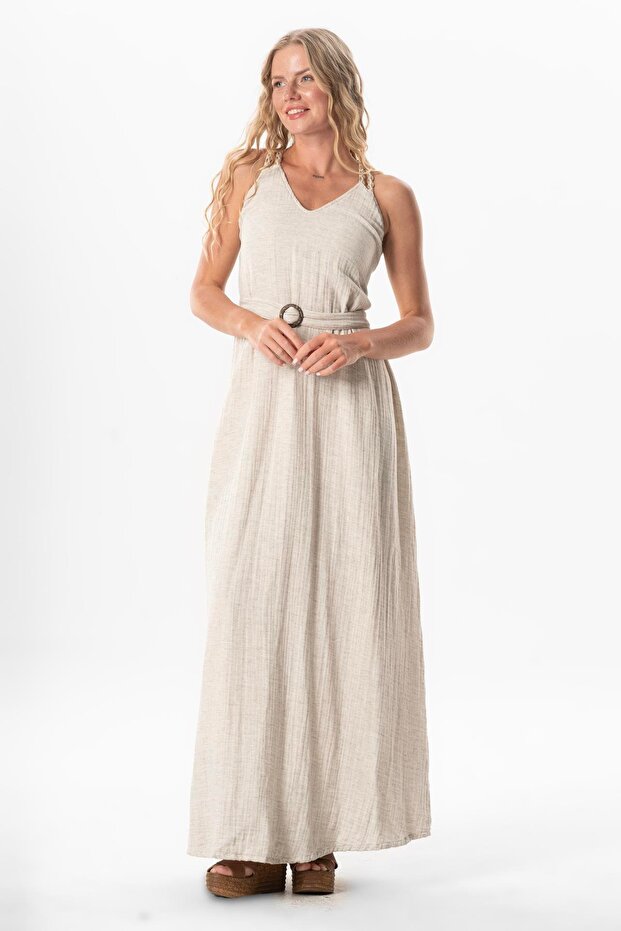 Strappy V-Neck Beach Belted Voile Summer Long Dress Cream Krm