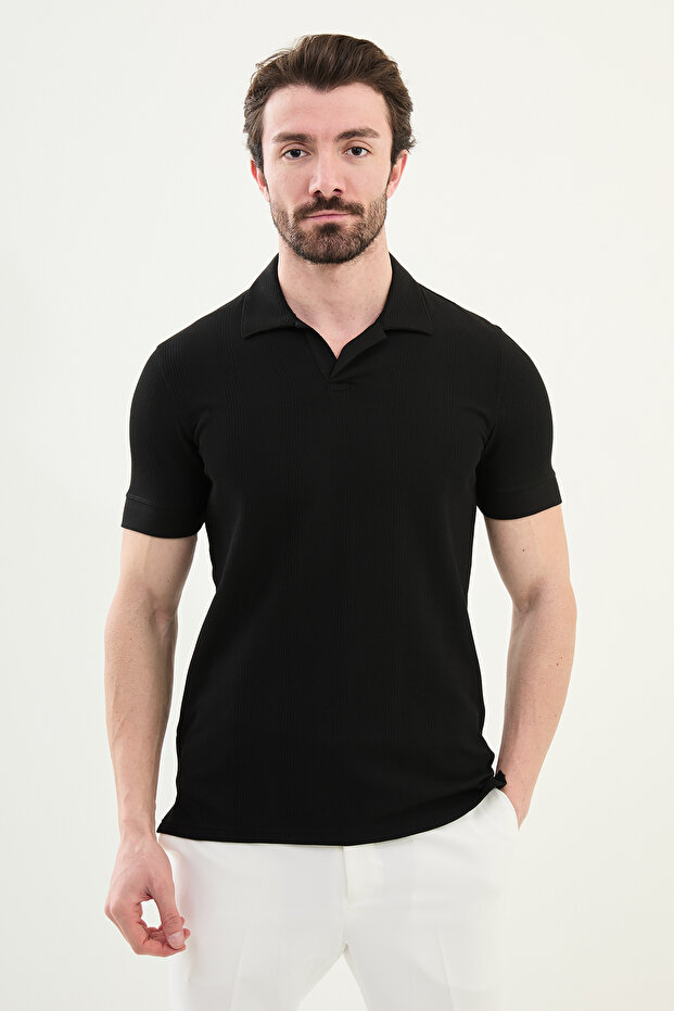 Striped Slim Fit Lapel Collar Men's T-Shirt Black - 36847.25Y