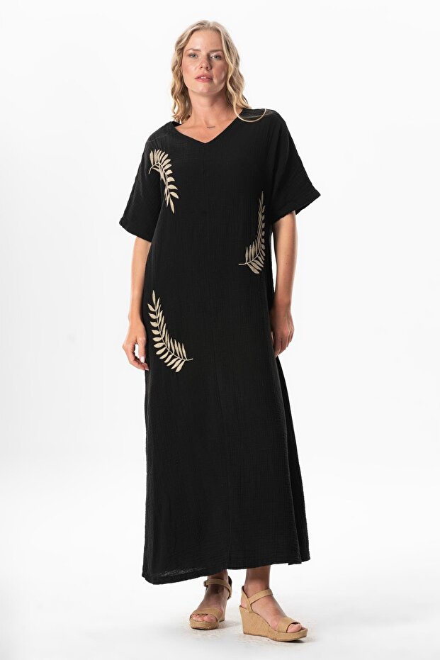 Half Sleeve V-Neck Leaf Printed Long Muslin Summer Dress Black-Black Syh/Syh