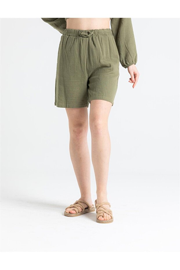 Pearl Tied Summer Muslin Shorts Khaki Hk