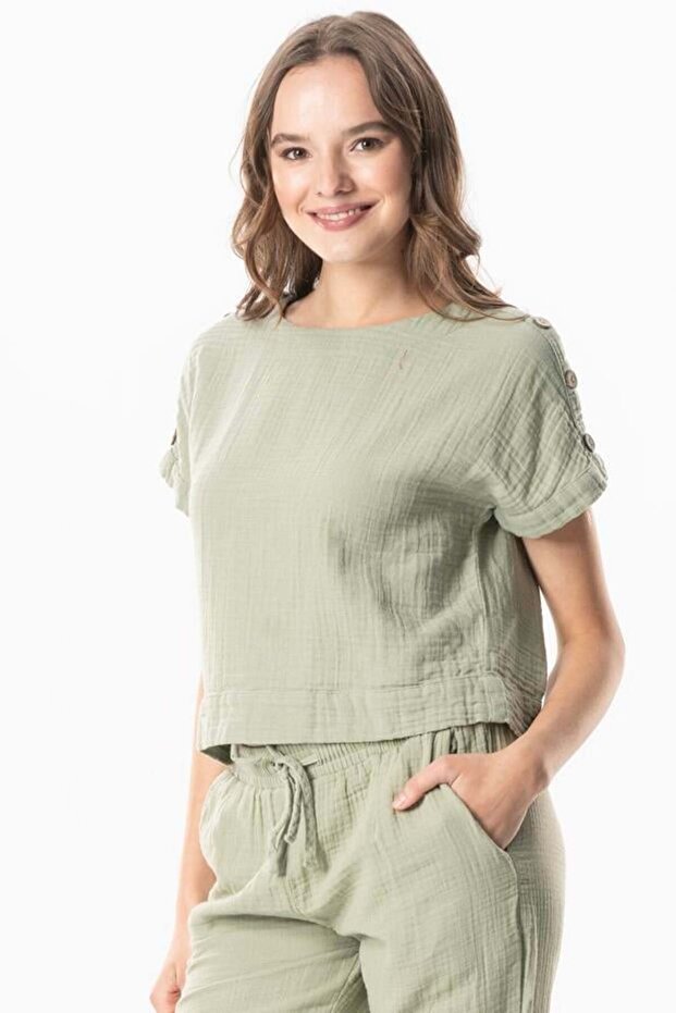 Short Sleeve Izel Summer Muslin Blouse Olive Green Zytnysl