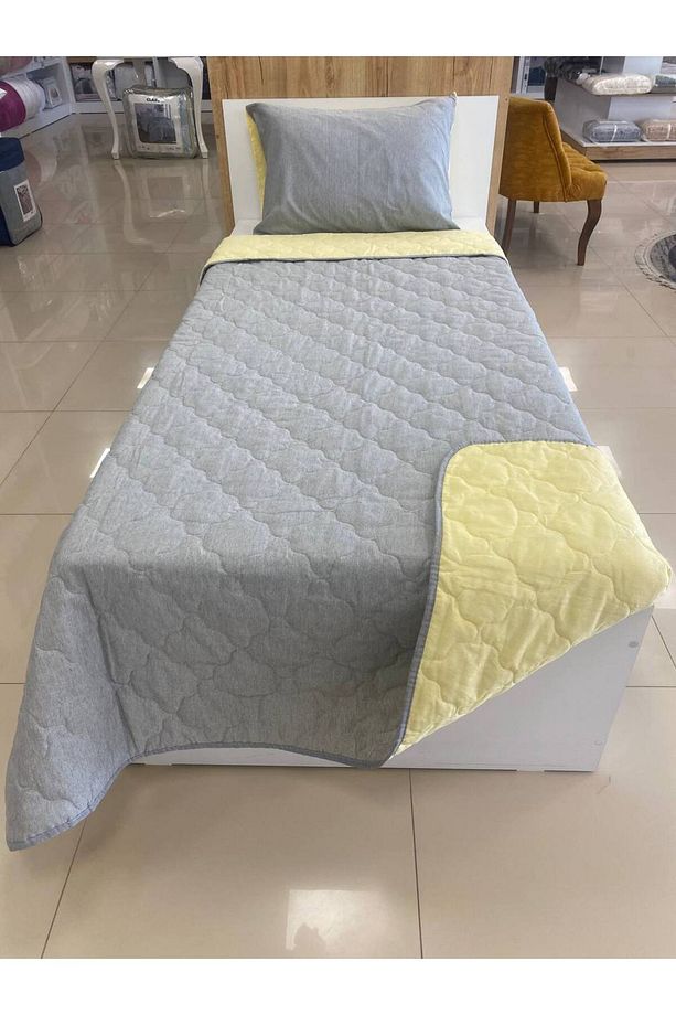 Tek Kişilik Kapitoneli Çift Taraflı Yatak Örtüsü Takımı Genç Çocuk Odası Yatak Örtüsü Gri - Sarı - 3