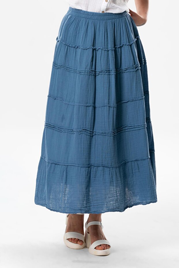 Benan Elastic Waist Long Summer Muslin Skirt Indigo indg