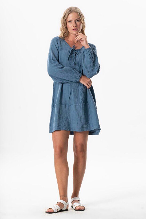 Long Sleeve Heavenly Binding Detailed Short Muslin Summer Dress Indigo Indg