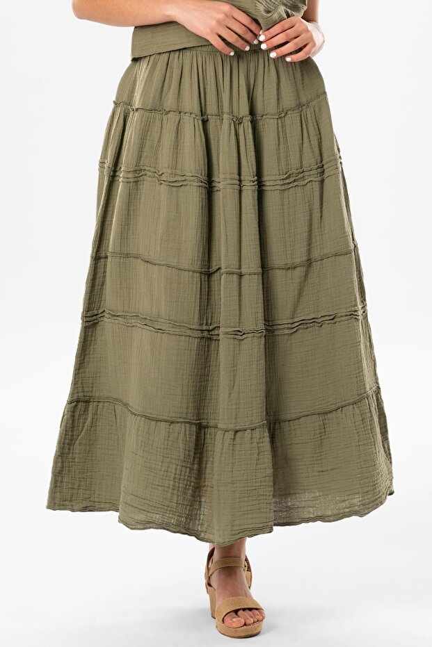 Benan Elastic Waist Long Summer Muslin Skirt Khaki Hk