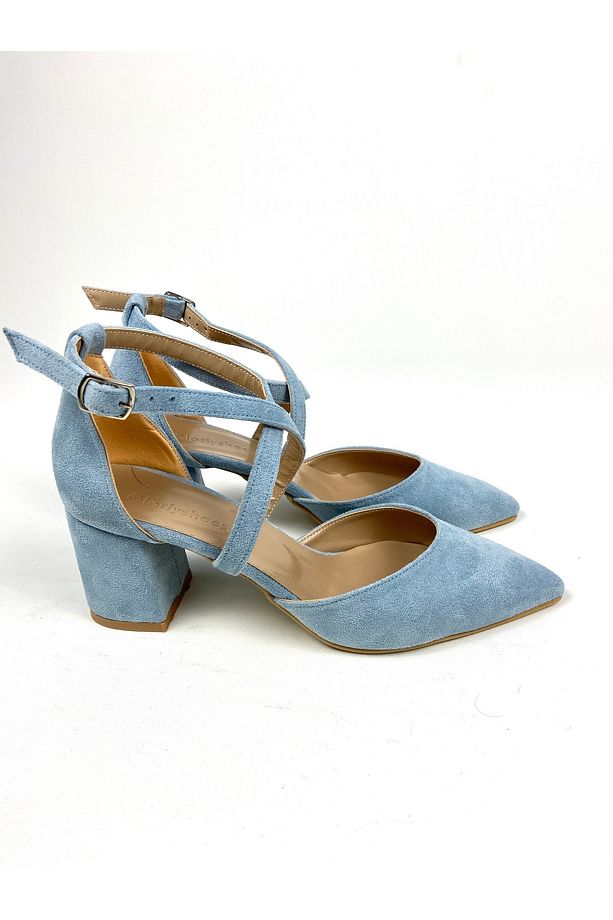 Bebe mavisi süet 6 cm kalın topuklu ayakkabı 01401 - 5