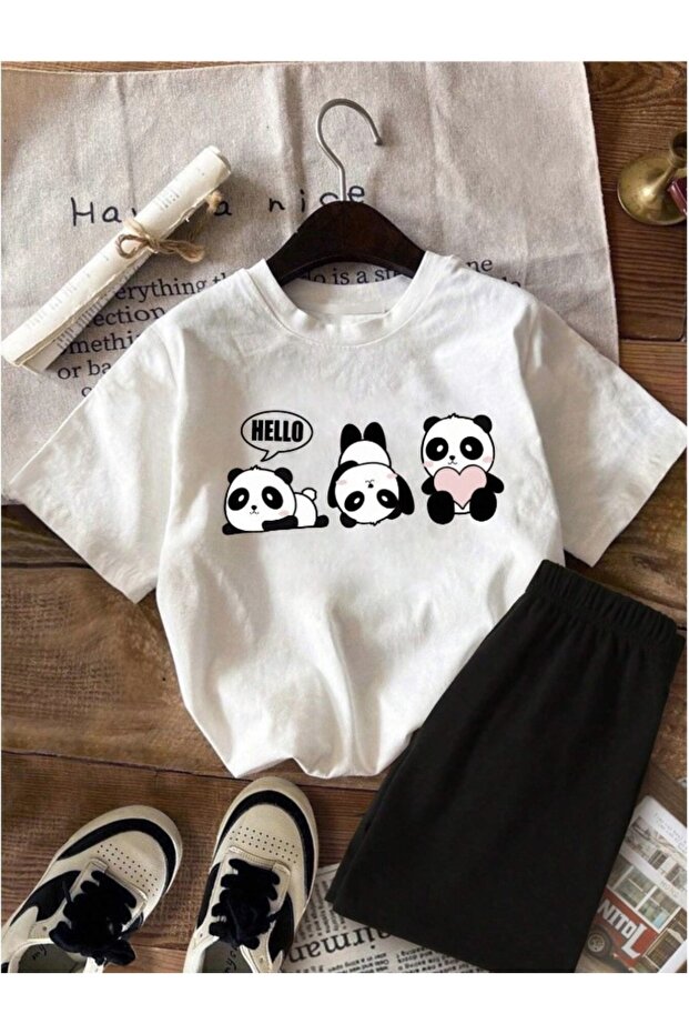 Girl's White-Black Hello Pandas Printed Combed Cotton Shorts T-Shirt Set