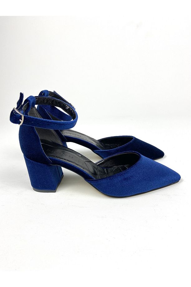 Gece mavisi kadife 6 cm kalın topuklu ayakkabı 01403 - 5
