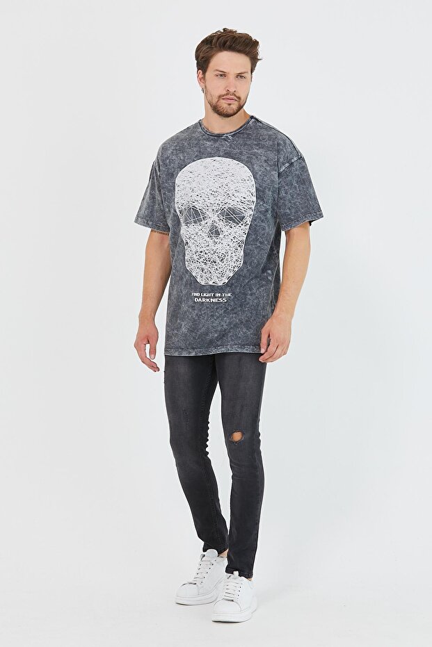 Men's Partial Dye Printed Oversize Basic T-shirt Anthracite - 2