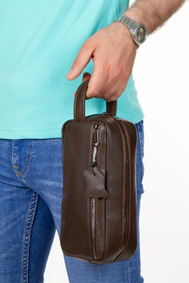 Men's Genuine Leather Casual Portfolio Handbag - Brown
