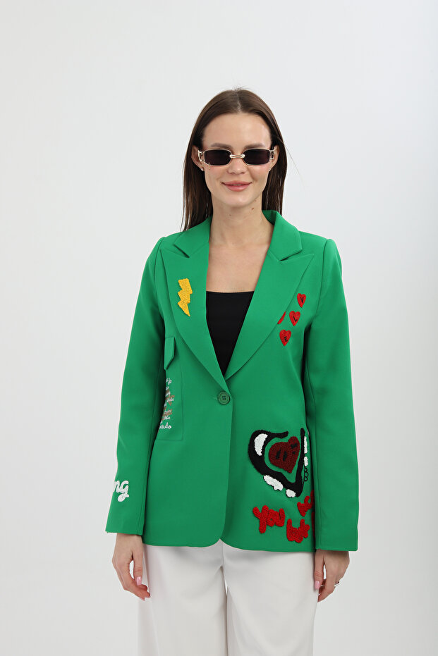 Nakışlı Yeşil Blazer Ceket - 1