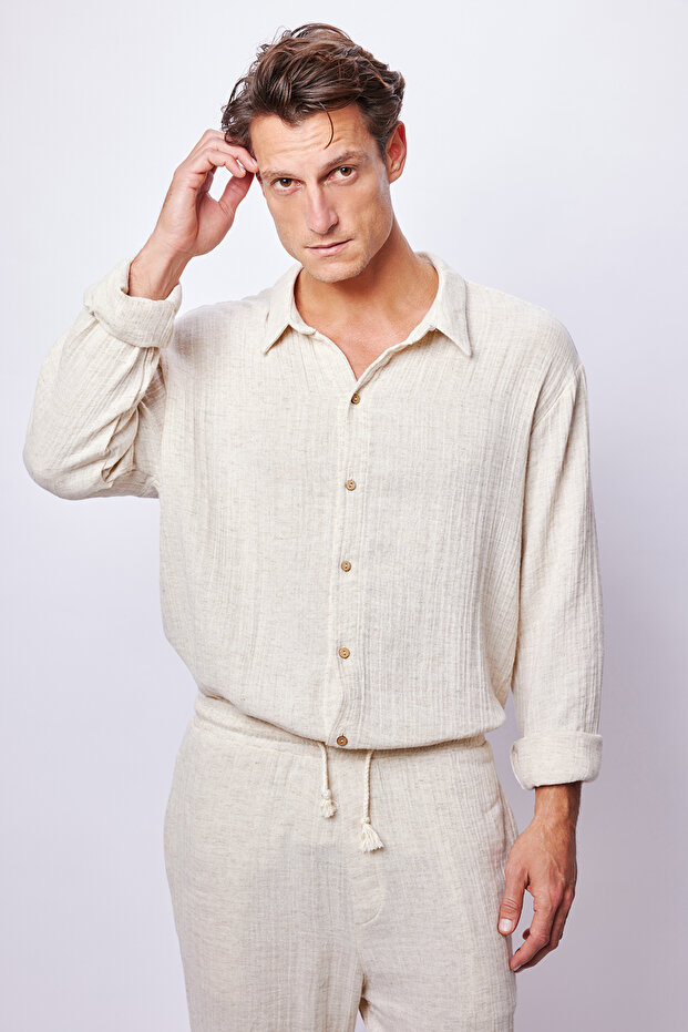 Bej Keten Oversize Gömlek - 1