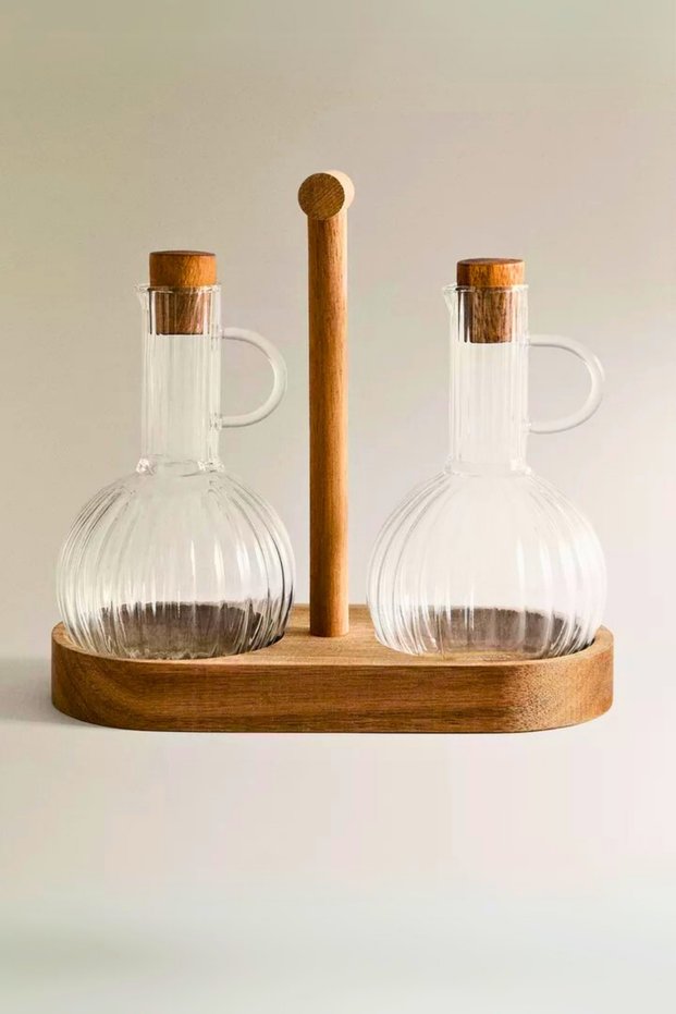 Borosilicate Glass and Bamboo Oil & Vinegar Bowl Set – Set of 2, with Natural Wood Stand, Stylish Design