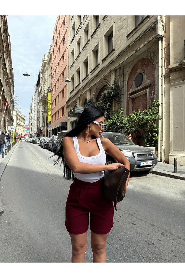 Kadın Yüksek Bel Bermuda Şort - 6
