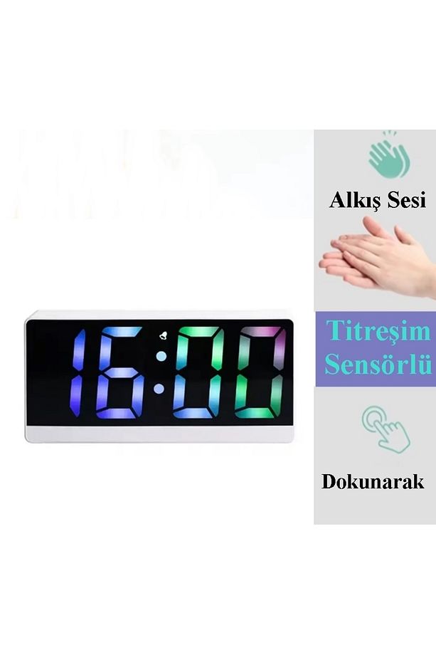 Sr2205 RGB Rakamlı Dijital Masa Saati Titreşim Sensörlü Alarm/Takvim/Termometre/Çalar Saat - 1