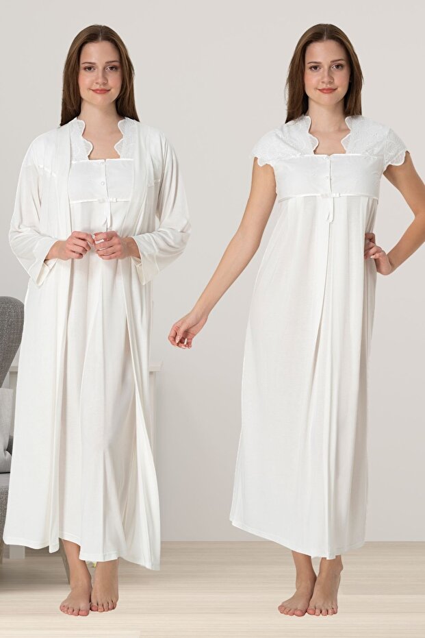 Effortt Ecru With Robe Maternity Postpartum Nightgown Set