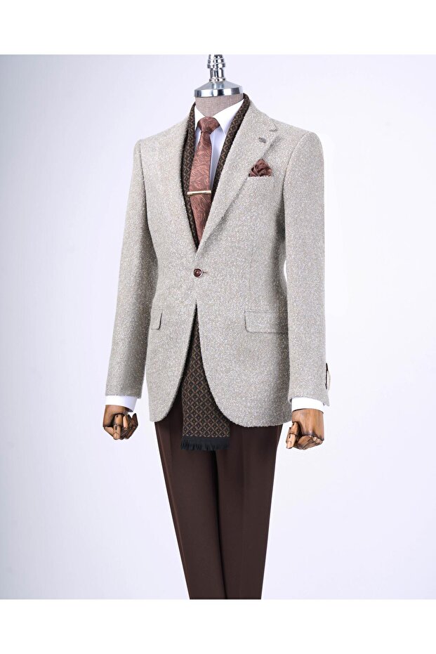 Italian Style Slim Fit Mono Collar Men's Single Jacket Beige T13541