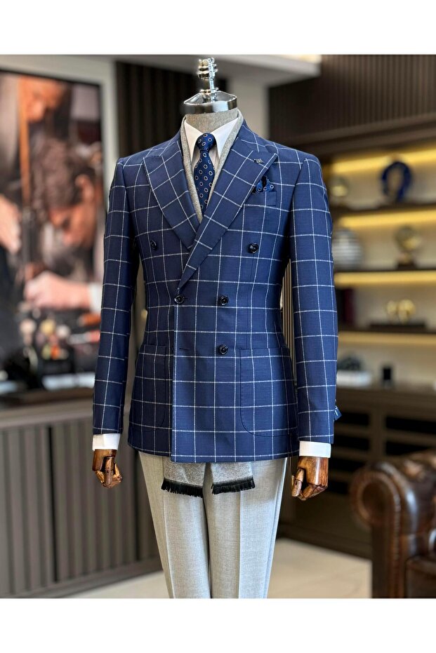 Italian Style Slim Fit Plaid Double Breasted Men's Single Jacket Navy Blue T12892