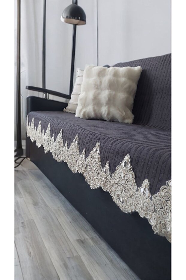 Lace Sofa Bed Cover Luxury Mode Sponge Non-Slip Base Velvet Striped Dark Gray
