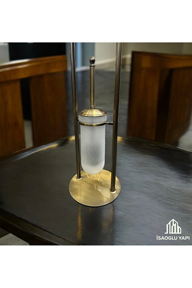 Antik Gold Ayaklı Tuvalet Kağıtlığı ve Fırça Seti Pirinç Materyal Eskitme Set - 3