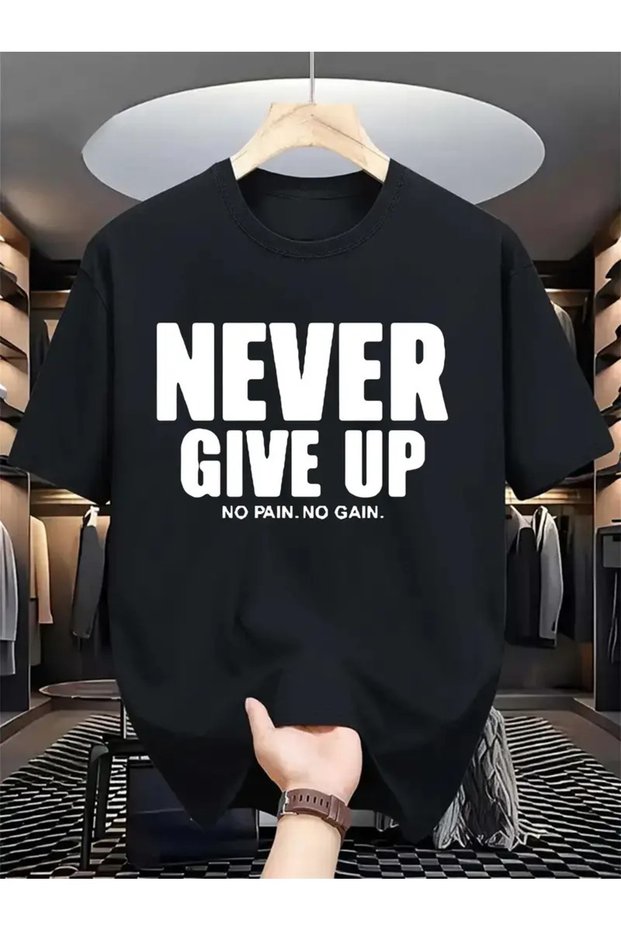 Men T-Shirt "Never Give Up" Print, Knitted Fabric, , Regular Size, Summer Short Sleeve Casual Wear